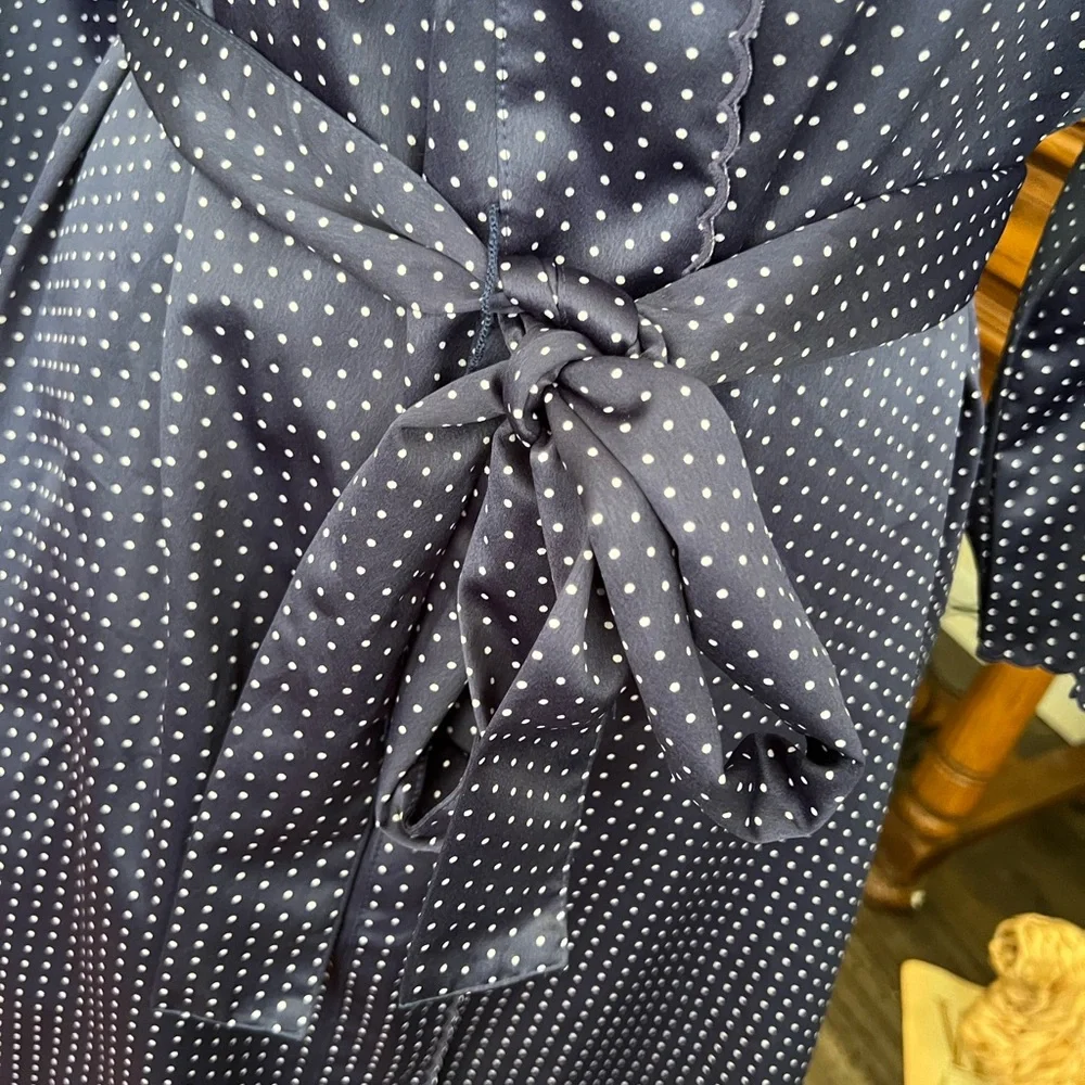 CABERNET Navy Polka Dot 3/4 Sleeve Short Belted Wrap Front Bathrobe